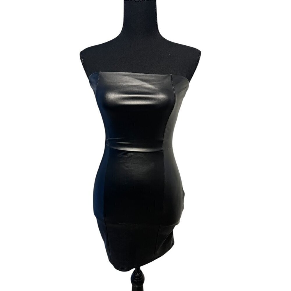 Windsor Strapless Black Faux Leather Bodycon Mini Dress Back Zipper Closure, rav - Picture 1 of 8